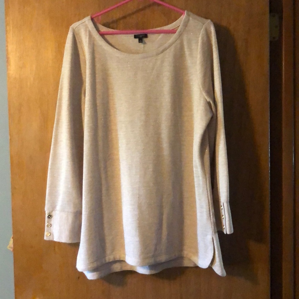 Talbots sweater with metallic threading and gold buttons. cute rounded-edge hem